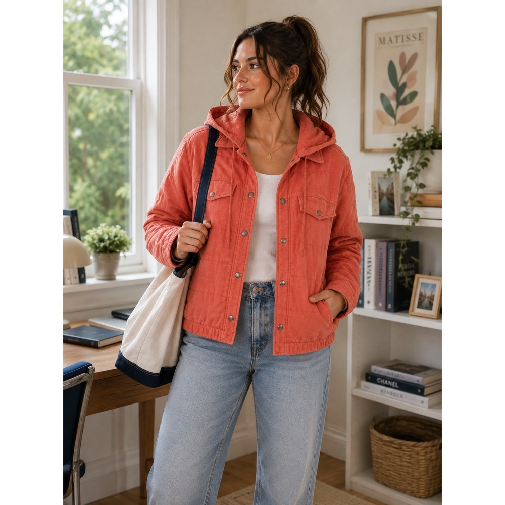 Avec Les Filles Hooded Trucker Jacket Size 2XS Coral Orange Quilted Snap Buttons